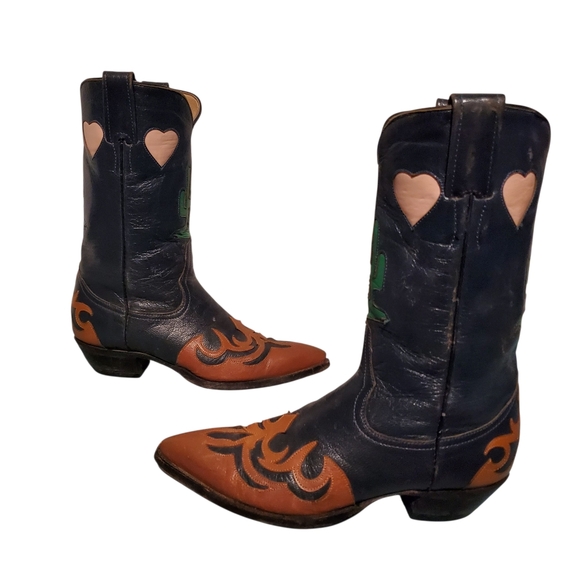 Larry Mahan Shoes - Vintage Larry Mahan Cactus/Heart Inlays Cowboy Western Boots Women's Size 7.5B